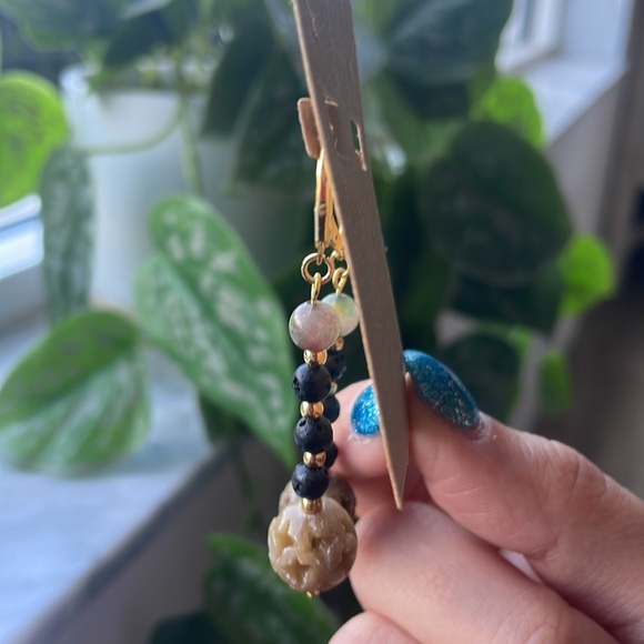Handmade Soapstone Lava Jade Gold Earrings - Picture 2 of 6